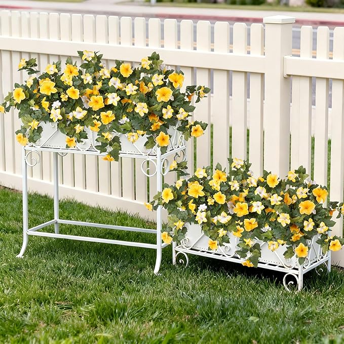 Artificial Fake Petunia Flowers for Outdoor Decoration, 2PCS Faux Silk Petunias Flower for Spring UV Resistant No Fade Realistic Plants for Garden Balcony Yard Porch Indoor Decor(Yellow White)