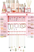 Emfogo Jewelry Organizer Hanging Wall Mounted Jewelry Holder, 5-in-1 Large Capacity Wood Necklace Organizer Wall Display for Ring, Necklaces, Bracelets, Earrings (Pink)