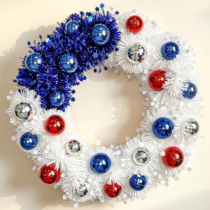 Patriotic Wreath 18 Inch American Flag Wreath for Front Door, Americana Plated Ball Red White and Blue with Stars Decor for 4th of July Memorial Day Veterans Day