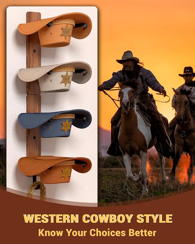 Cowboy Hat Rack for Wall, Cowboy Hat Holder for 4 with Hooks,Wooden Rustic Metal Hanger for Wall with Pine Board,Western Baseball Hat Rack Holder for Fedora, Sun Hats (4 Hats)