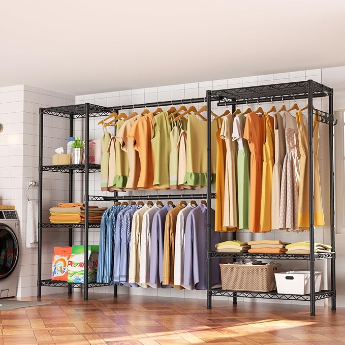 Heavy Duty Garment Rack Clothes Rack,Large Metal Closet Organizer System Storage Wardrobe,Freestanding Clothing Rack with 7 Adjustable Wire Shelves&3 Hang Rods,MaxLoad 1500lbs