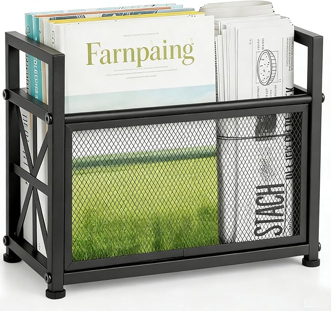 Magazine Rack Floor, Black Magazine Holder, Magazine Storage Basket, File Holder Organizer Stand, Metal Storage Shelf Box Bin Folder Organizer for Magazines, Books, Newspapers