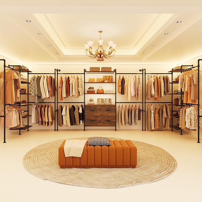 T3 Closet System with Stepless Dimmable LED Light, Industrial Pipe Clothing Rack with 4 Drawers, 6 Wooden Shelves & 4 Telescopic Rods, Heavy Duty Closet Organizers in Wardrobe Closet (Rustic Brown)