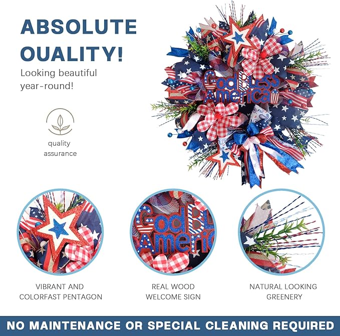 TEMPUS 20“ God Bless America 4th of July Patriotic Mesh Deco Wreath for Front Door, Memorial Day Red, White and Blue Ribbon Wreath for Indoor and Outdoor, Home Holiday Decor Summer Party Decor