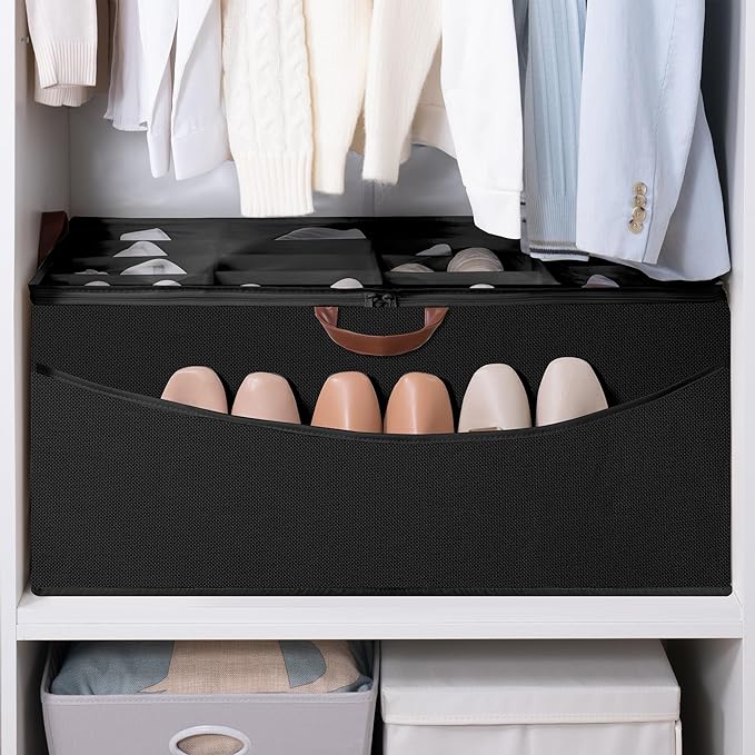 STO STO Shoe Organizer for Closet, Fits Up to 16 Pairs, XL Shoe Box Containers with Adjustable Dividers, Clear Cover Shoe Storage Bins, Stackable Space Saving Shoes Holder for Shoes and Boots, Black