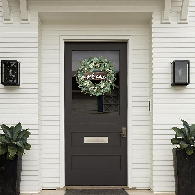 Sggvecsy Green Eucalyptus Wreath with Welcome Sign 20in Artificial Spring Summer White Berries for Front Door Wall Window Festival Farmhouse Porch Patio Garden Decor, White,green