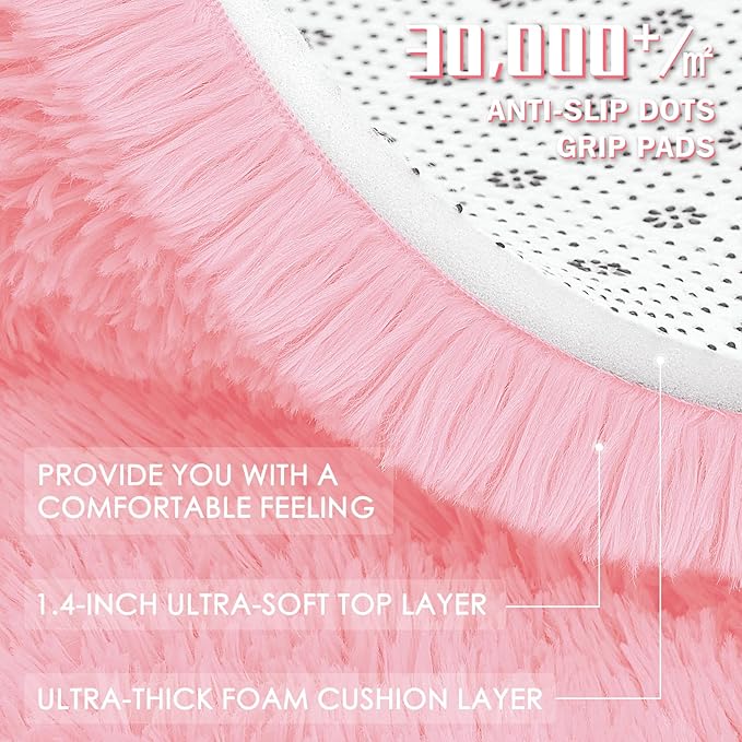 OLANLY Pink Round Rugs for Bedroom - Machine Washable, 8 ft Circle Area Rugs for Living Room, Soft and Fluffy Shaggy Carpet for Teen Girls and Boys, Nursery Rooms, Dorms, Home Decor Aesthetic
