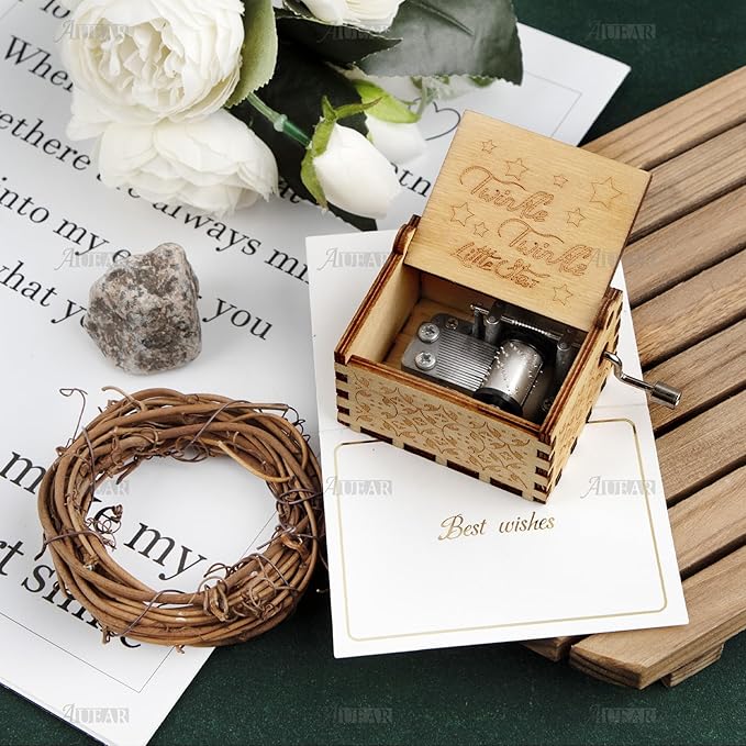 AUEAR, Wooden Hand Crank Twinkle Little Stars Music Box Vintage Handmade Best Gift for Friends