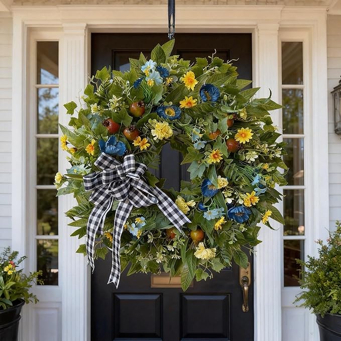 WANNA-CUL 24 Inch Year Round Spring Summer Wreaths for Front Door, Blue Yellow Floral Door Wreath with Pomegranates Daisy - All Season Decorative Wedding Wall Wreath Indoor Outdoor Farmhouse Decor