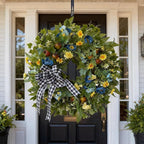 WANNA-CUL 24 Inch Year Round Spring Summer Wreaths for Front Door, Blue Yellow Floral Door Wreath with Pomegranates Daisy - All Season Decorative Wedding Wall Wreath Indoor Outdoor Farmhouse Decor