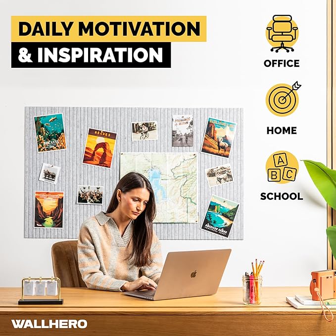 WALLHERO Office Cork Board, 59"x36" | 15 Pack | Felt Tiles for Wall, Tac Board, Large Felt Board, Wall Protector for Dart Board, (Gray Marble Slats)
