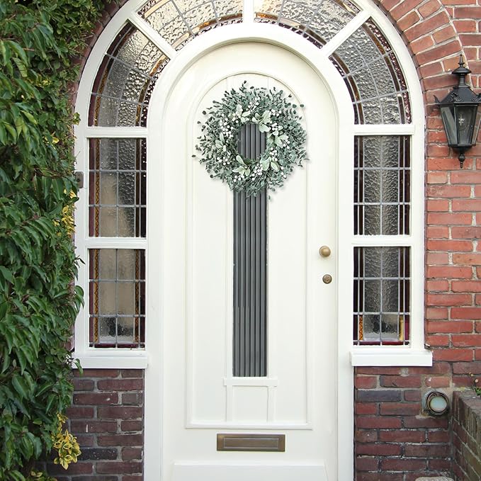 Jasuline 24 Inch Eucalyptus Wreaths for Front Door - Summer Spring Boxwood Greenery Leaves Wreath with Lambs Ear & White Berries, All Season Outdoor Hanging Decor for Indoor Porch Window Wall