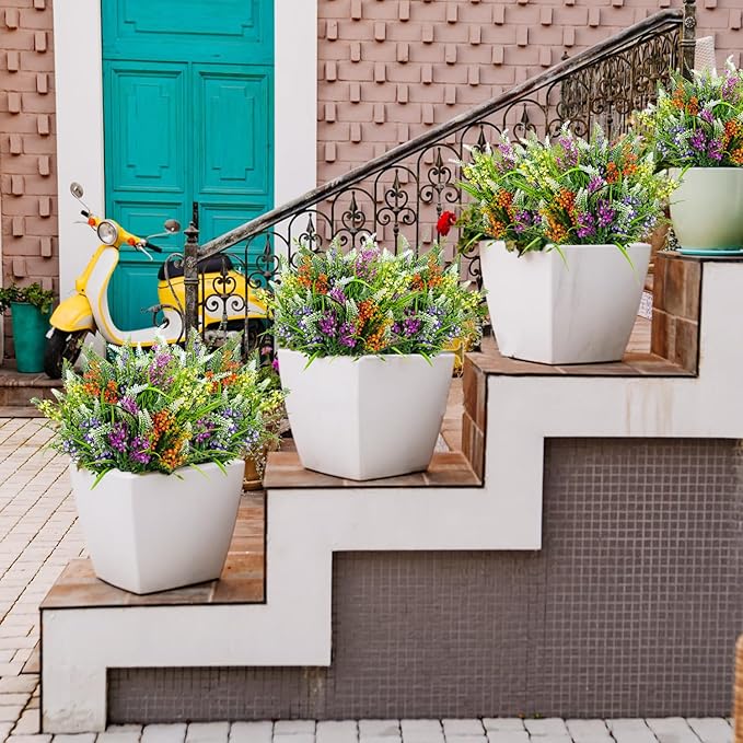 8 Bundles Artificial Flowers for Outdoors Faux Plants Greenery Shrubs UV Resistant for Porch Balcony Patio Garden Home Decor
