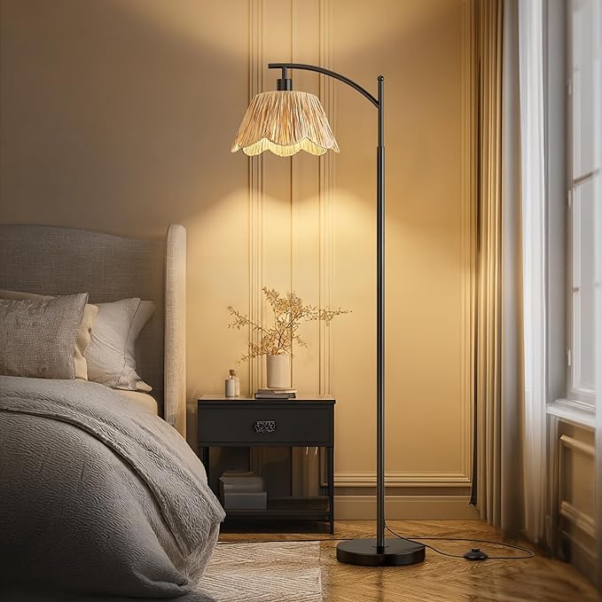 Oneach Boho Floor Lamp with 3 Color Temperatures, Farmhouse Floor Lamps for Living Room with Remote & Dimmable Bulb, Rattan Floor Lamp for Bedroom, Black