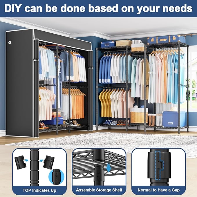 Ulif E12C Heavy Duty Closet Organizer System，Freestanding Clothing Rack, Adjustable Garment Rack 57.1" W x 16" D x 76.5" H Holds 860 lbs, Black Clothing Rack with Black Dustproof Cover