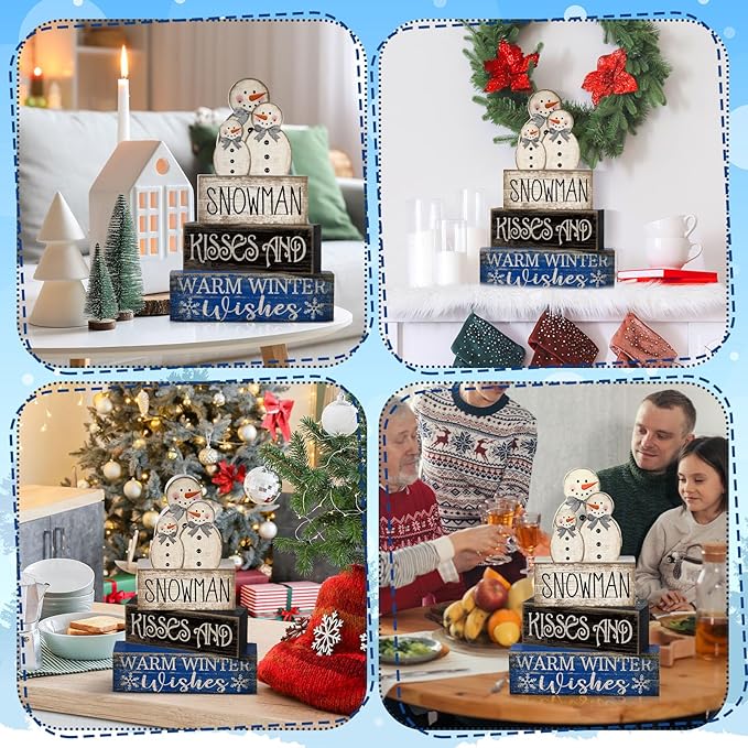 Lineshading 4 Pcs Winter Table Decor Wooden Snowman Decorations Winter Tiered Tray Decor Christmas Centerpieces Rustic Decorative Snowman Block Signs Gift Farmhouse for Kitchen Home Desk