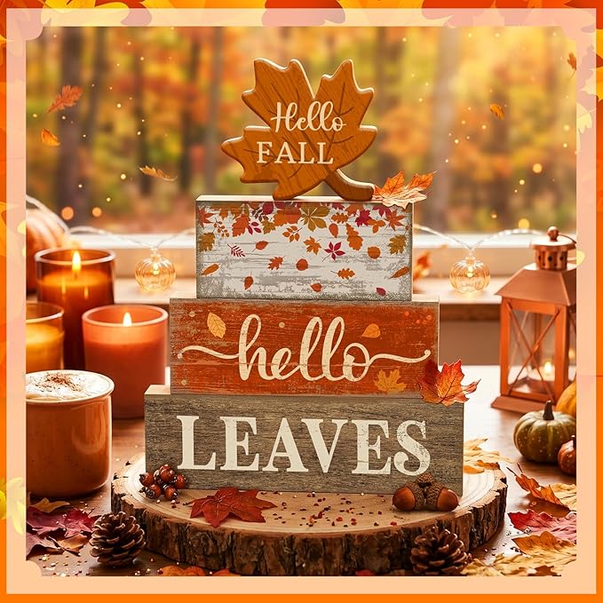 Moucuny 4 Pcs Fall Decor Wooden Maple Leaf Decoration Thanksgiving Tiered Tray Decor Rustic Wooden Maple Leaf Block Sign Thanksgiving Table Centerpiece Farmhouse for Autumn Harvest Party Kitchen Home