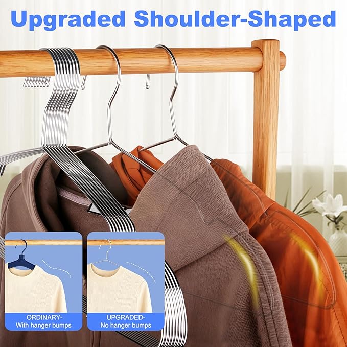 Clothes Hangers 50 Pack Heavy Duty, Ultra Slim Coat Hangers Space Saving, Non Slip Wire Metal Hanger Stainless Steel Hangars for Suit Skirts Pants Bra Closet Organizer Dorm Room Essentials 16.2 Inch