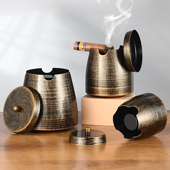 Cigar Ashtray with Lid for Outdoors Outside Patio Home Retro Decor,Large Cigar Holder Ash tray Outdoors,Cigar Accessories Gift for Men Dad Husband Boyfriend-Small