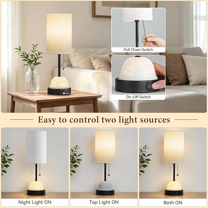 SIBRILLE Table Lamp for Bedroom, Dual Light Nightstand Lamp with Fabric Shade & Ceramic Carved Night Light Base, Individual Controls Bedside Lamp for Living Room, 8W LED Bulb Included