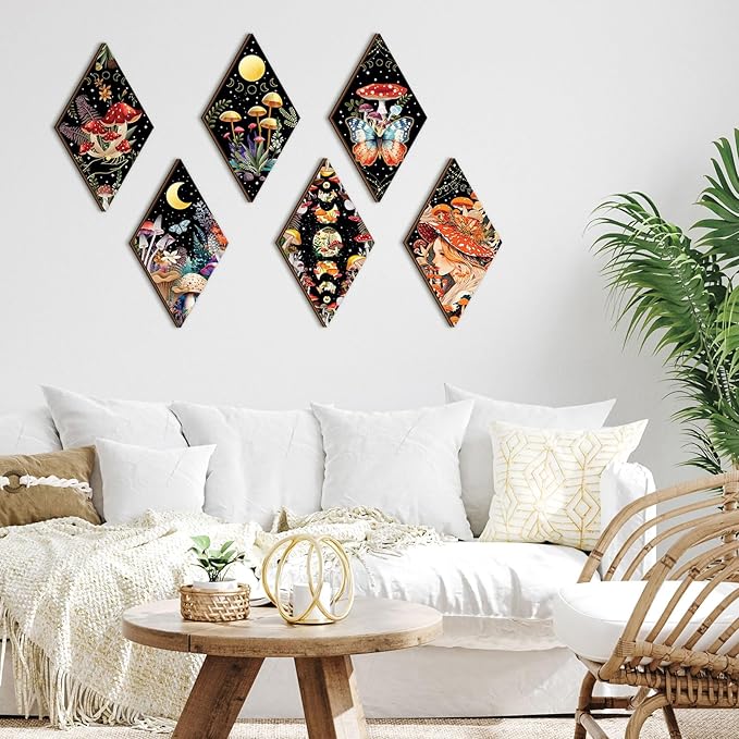 Qunclay 6 Pcs Witchy Gothic Wall Decor Rustic Boho Home Decor Sun Moon Mushroom Phases Wall Art Gothic Star Hanging Wooden Decoration Farmhouse Pediments for Bedroom Living Room Gallery(Mushroom)