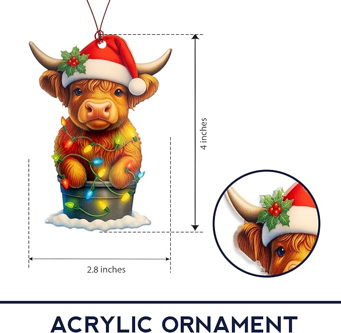 Highland Cow Ornaments for Christmas Tree, Highland Cow Gifts for Women Men, Cow Christmas Decorations, Farmhouse Christmas Ornaments Gift, Xmas Tree Hanging Decor, Animal Lover Gifts