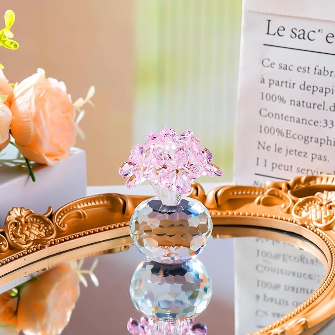 Qianwei Pink Crystal Flowers Figurine - Forget Me Not Gifts Sympathy Glass Flowers Collectible Figurines Decor Paperweight Ornament Home Office Table Desk Decorations
