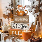 Lineshading 4 Pcs Fall Coffee Table Decor Fall Decoration for Home Wooden Stacked Block with Pumpkin Latte Topper Rustic Thanksgiving Tiered Tray Decor for Harvest Party Home Kitchen Coffee Bar
