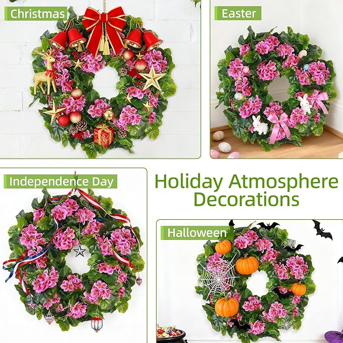 Spring Pink Wreath 24” – Floral Decor with Geranium Flowers for Front Door, Entry, Porch Display, Easter, Thanksgiving, Christmas