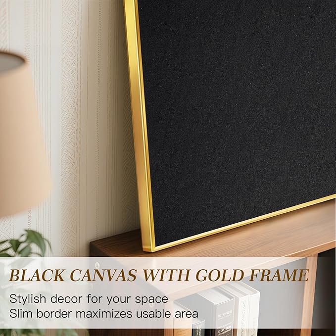 Linen Bulletin Board 24" x 18", Black Fabric Pin Board with Gold Aluminum Frame, Decorative Vision Board for Home Office, Bedroom & Dorm Wall Decor, Includes 10 Push Pins
