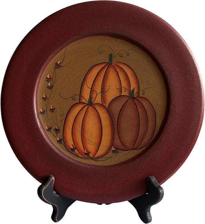 CVHOMEDECO. Primitive Antique Pumpkin Painted Wood Decorative Plate Halloween Display Wooden Plate Home Décor Art, 9-3/4 Inch