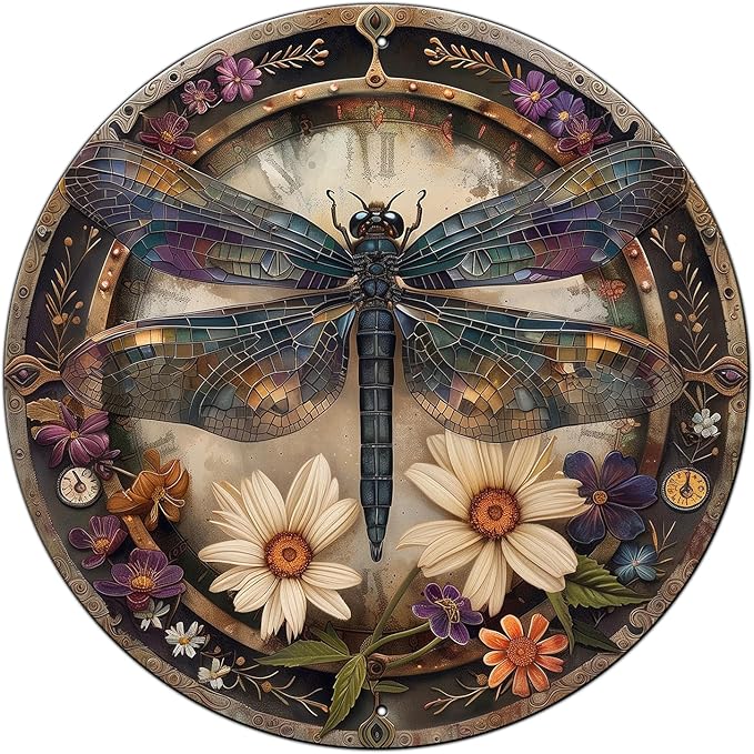 Vintage Dragonfly Sign Metal Sign Retro Round Tin Sign Aluminum Sign for Farmhouse Yard Home Bar Bedroom Wall Decor 8 Inch