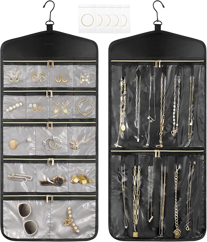CHICECO Travel Jewelry Holder Organizer,Hanging Jewelry Organizer Storage with Zippered Pockets for Cloest,Jewelry Holder for Earrings, Necklaces (Grey Black)