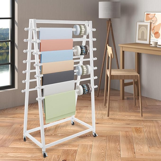 15 Tier Ribbon Holder Organizer Rack, Movable Scarf Towel Holder, Double-Sided Scarf Rack with Lockable Wheels, Floor Standing Ribbon Organizer for Craft Room Cake Shop Flower Store (White)
