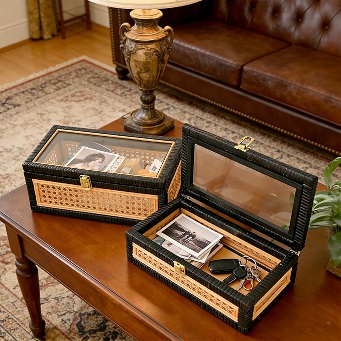 Black Rattan Decorative Storage Boxes with Glass Lids – Set of 2 Ribbed Wood Display Cases with Cane Weave & Solid Base – Nesting Coffee Table Organizer for Boho Chic Home Decor, Keepsakes