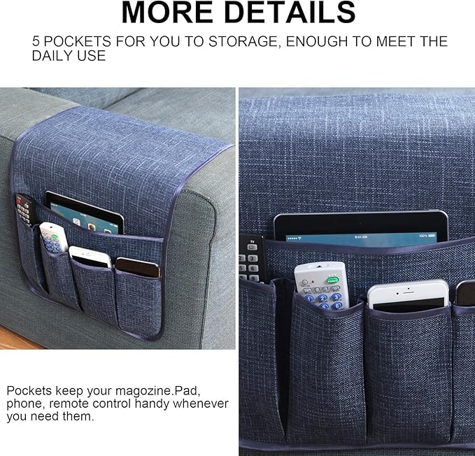 Sofa Armrest Organizer Non-Slip Remote Control Holders for Recliner Couch Chair Armchair Caddy with 5 Pockets for Table,Cell Phone,Ipad,Magazines,Books (Navyblue, 13 x 35 Inch)