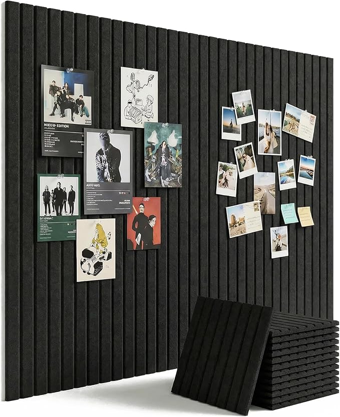 Aothia 12-Pack Felt Bulletin Board Tiles 48"x36", Modular Pin Board for Smooth Walls, Cork Board Alternative for Notes & Photos, 0.35" Thick, 70 Adhesive Tabs & 40 Pins, Black
