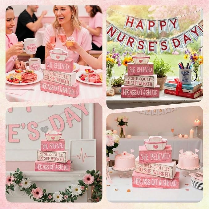 Lineshading 4 Pcs Nurse Appreciation Wooden Block Decor Inspirational "she Believed She Could" Stacked Sign with Nurse Hat Rustic Pink White Table Decoration for Nurses, Graduation Gift, Home & Office