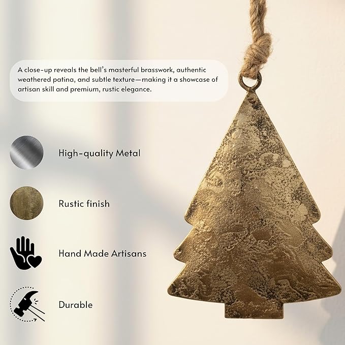 Rustic Iron Wall Accent – Set of 2, Handmade Metal Hanging Décor with Rope for Indoor & Outdoor Use (Golden Chrismas Tree, 5" 3.5)
