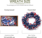 DecorbyHannah Patriotic Wreath for Front Door, 24 inch Large 4th of July Wreaths with Lights, Collapsible Red White Blue Burlap Bow Farmhouse Wreath Decorations for USA 250th Holiday