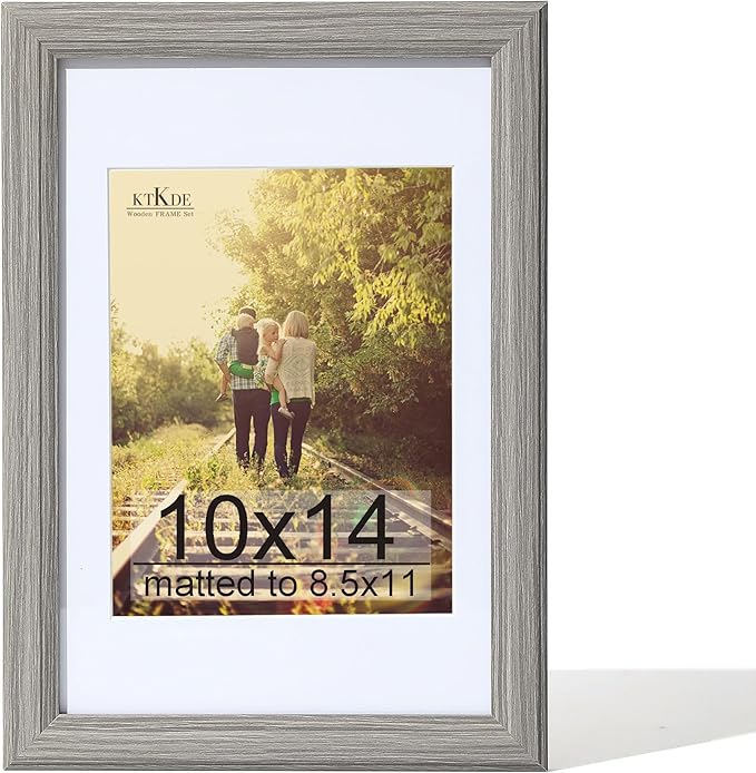 KTKDE 10x14 Picture Frame,Display Pictures 8.5x11 with Mat or 10x14 Without, Tempered Glass,14 by 10 Gray Wooden Frame Wall Gallery Poster Frame best gift