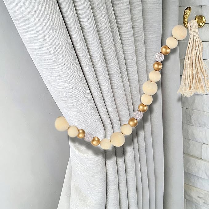 Wood Bead Garland with Tassel, Farmhouse Beads Rustic Country Decor, Boho Chic Wall Hanging Home Decor for Wall, Above Cabinet & Table