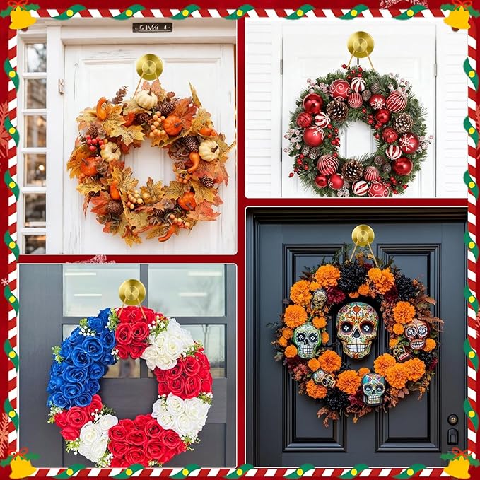 Mity rain Suction Cup Hooks for Door Wreaths, Reusable Metal Wreath Hangers for Front Door Glass Windows, Strong Hold No-Drill Wreath Holder Ideal for Holiday & Christmas Door Decorations（Gold）