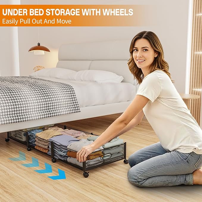 Under Bed Storage With Wheels, 47.2''/90lbs/57.6L, Metal Frame Under Bed Rolling Storage, Tool-Free Assembly Underbed Drawers, Underbed Organizer Containers for Shoes, Clothes and Toys (2 Pack)