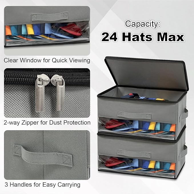 2 PCS Stackable Hat Storage for Baseball Caps, Space Saving Hat Organizer Box for Closet, with Cardboard, Clear Window Lid and 3 Handle, Each Holds 12 Hats, Grey