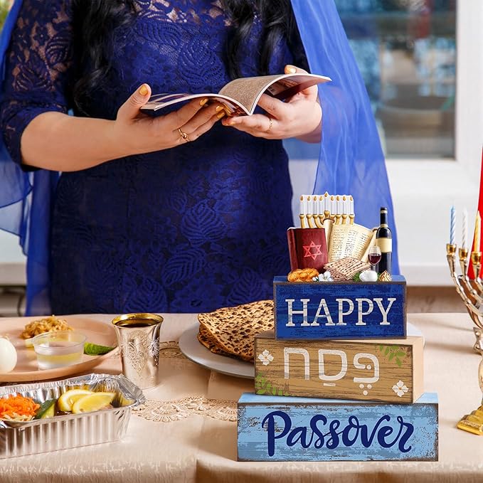 Lineshading 4 Pcs Happy Passover Table Decorations Wooden Menorah Table Centerpieces Pesach Jewish Holiday Party Passover Seder Meal Tabletop Topper Mantel Shelf Decor
