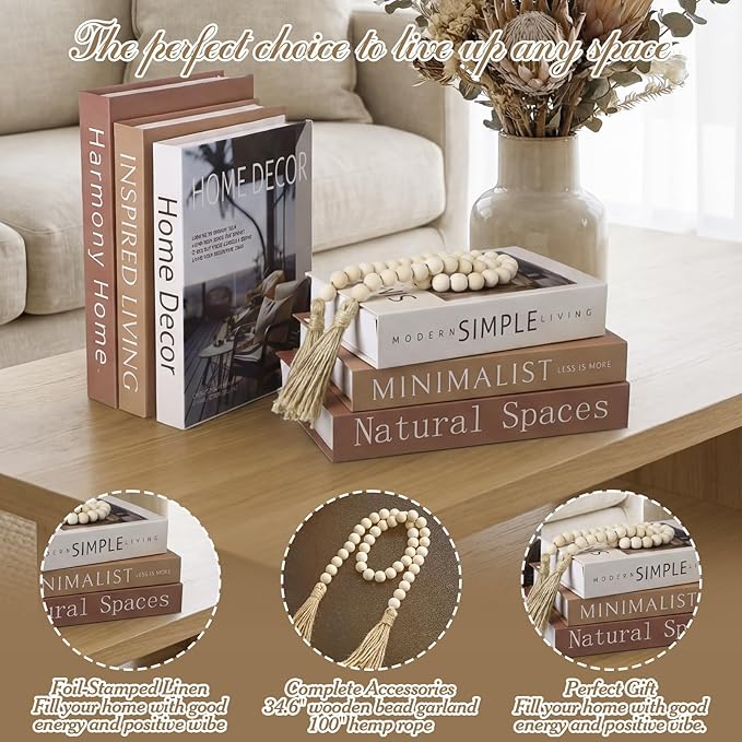 Menkxi 6 Aesthetic Decorative Books Set with Tassel Wood Bead Coffee Table Decor Faux Books with Simple Design for Modern Home Decor Inspired Living Decoration Photo Storage and As a Keepsake Box