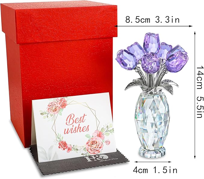 H&D HYALINE & DORA Crystal Rose Purple Flower Figurine,Rose Gifts for Mom Wife Grandma,Glass Flower Collectible Ornament Mother's Day Thanksgiving Anniversary Birthday Gifts
