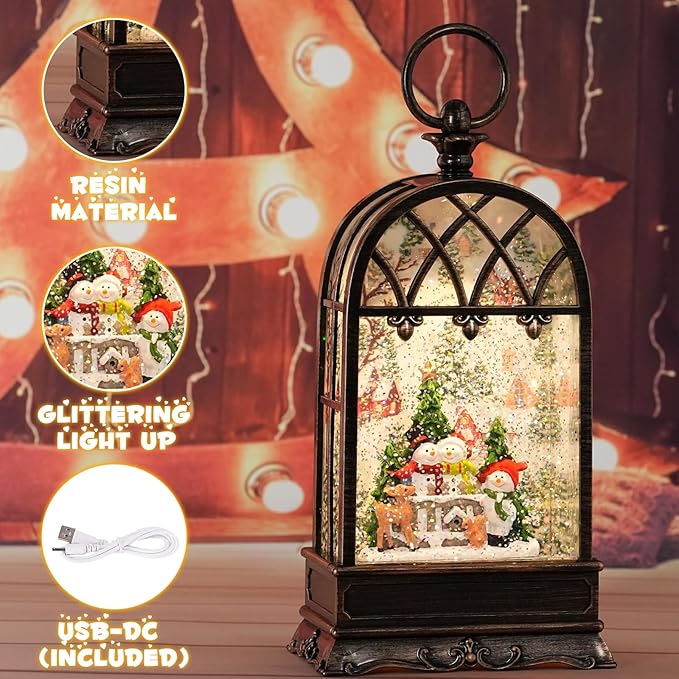 Snow Globe Christmas with Snowman Elk, Lighted Christmas Snow Globes with Timer, Swirling Musical Glittering Snow Globes Lantern for Christmas Decoration(Snowman Elk Squirrel)