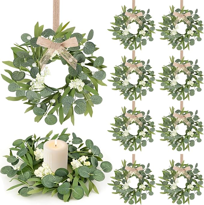 8 Pcs Small Eucalyptus Wreaths Spring Summer Artificial Green Wreath with White Berries Mini Green Kitchen Cabinet Wreaths with Ribbon for Front Door Porch Wall Window Farmhouse Decoration